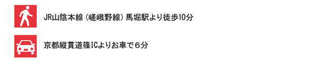 JR山陰本線（嵯峨野線）馬堀駅より徒歩１０分・京都縦貫道路篠ＩＣよりお車で６分